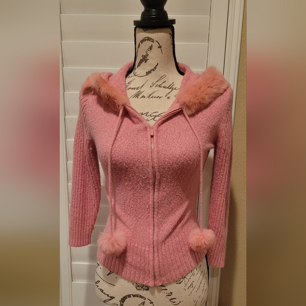 Bebe pom pom pink jacket angora fur pink puff balls furry fuzzy fur sweater